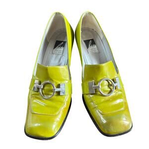 Vintage Lime Green Charles Jourdan 3" Heel Loafers Shoes Silver Tone Buckle 90s